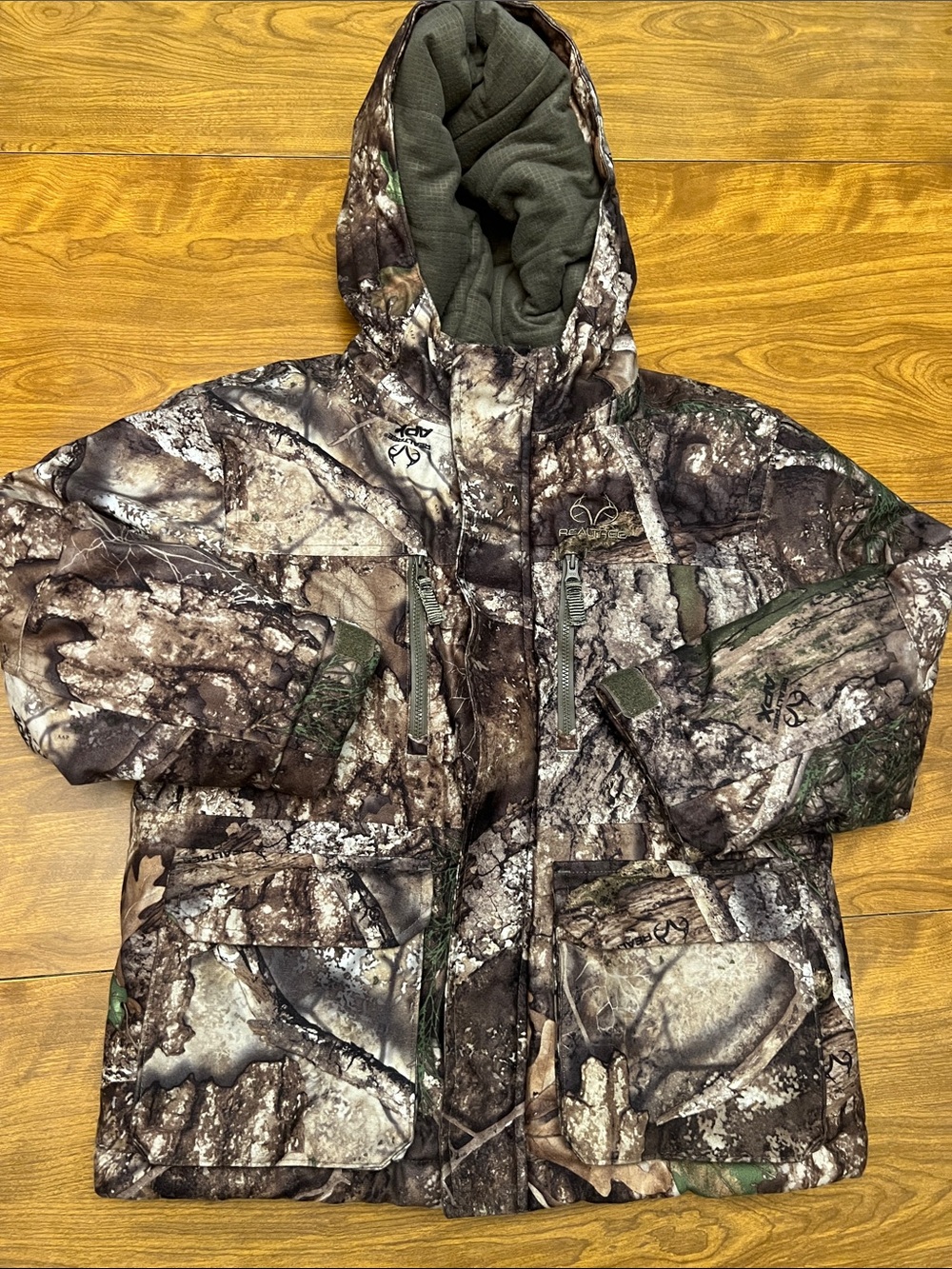 Realtree Camo Hooded Hunting Parka - Brown/Green Boys size Medium 4 pockets
